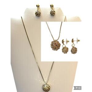 FOSSIL Brand Gold Tone Necklace Starry Night Pave Disco Ball Pendant & Earrings